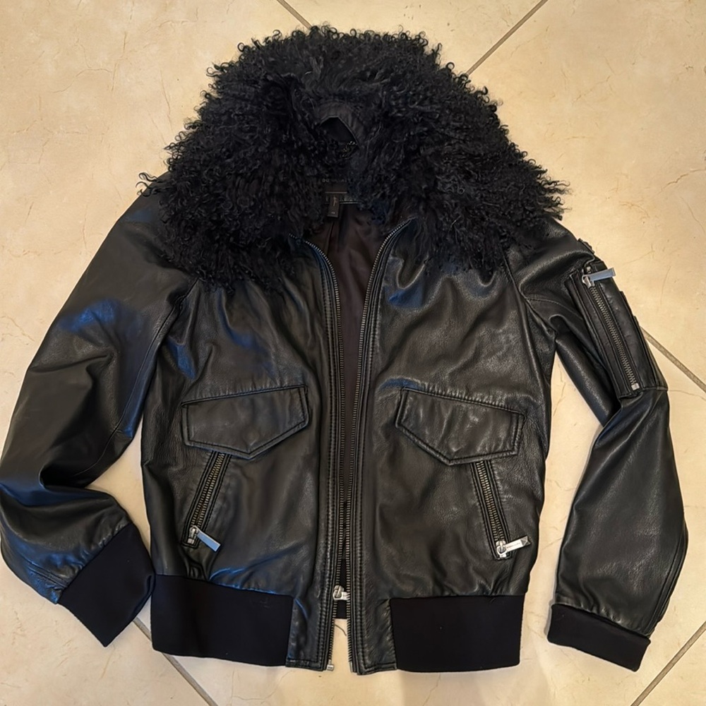 BCBG lamb skin leather bomber jacket with removable sherling collar!!!!